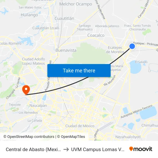 Central de Abasto (Mexibus) to UVM Campus Lomas Verdes map