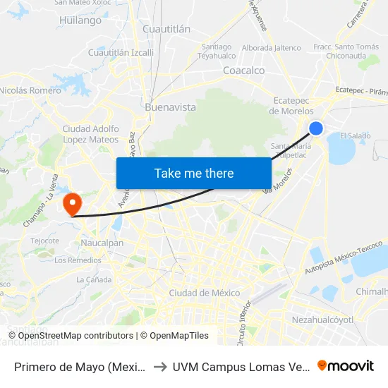 Primero de Mayo (Mexibus) to UVM Campus Lomas Verdes map