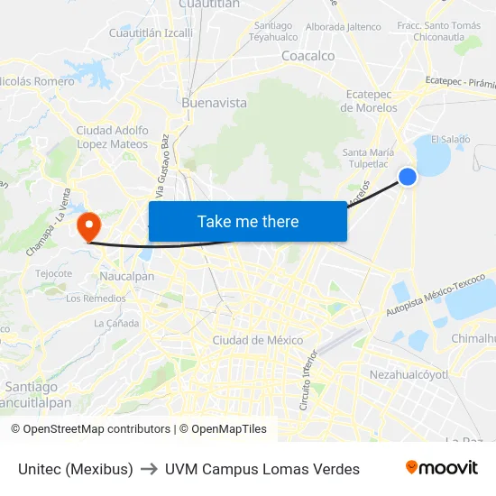 Unitec (Mexibus) to UVM Campus Lomas Verdes map