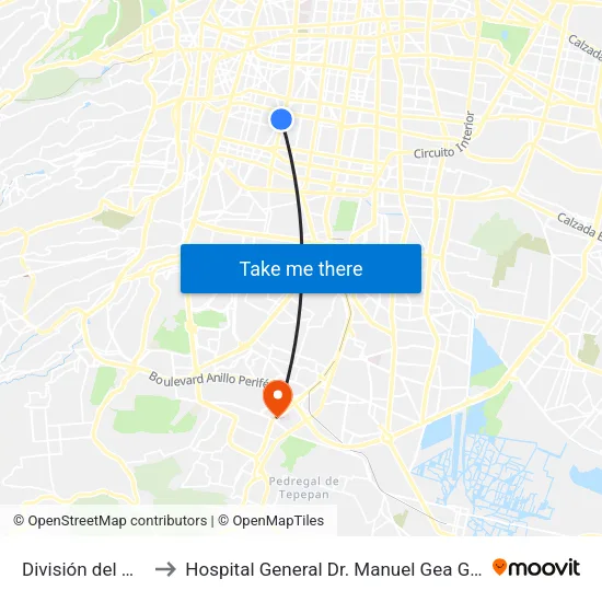 División del Norte to Hospital General Dr. Manuel Gea González map
