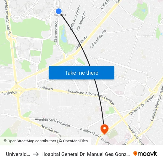 Universidad to Hospital General Dr. Manuel Gea González map
