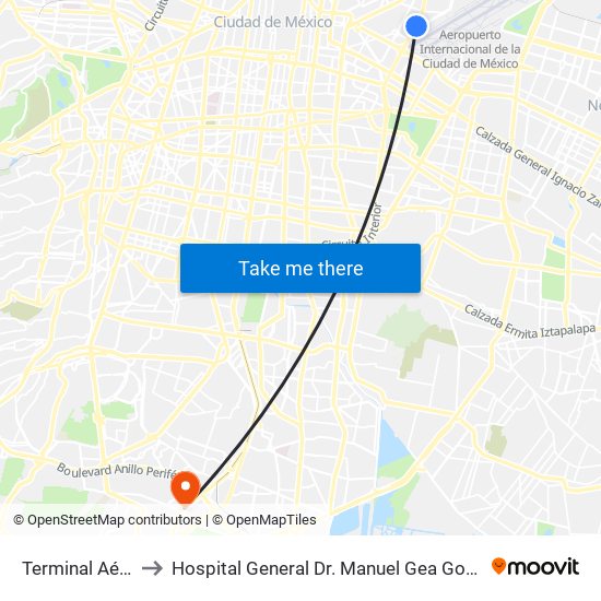 Terminal Aérea to Hospital General Dr. Manuel Gea González map