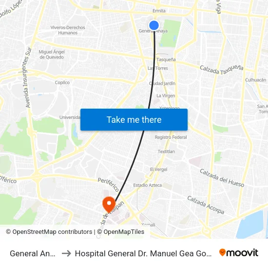 General Anaya to Hospital General Dr. Manuel Gea González map