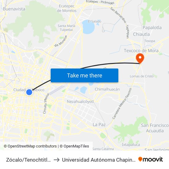 Zócalo/Tenochtitlán to Universidad Autónoma Chapingo map
