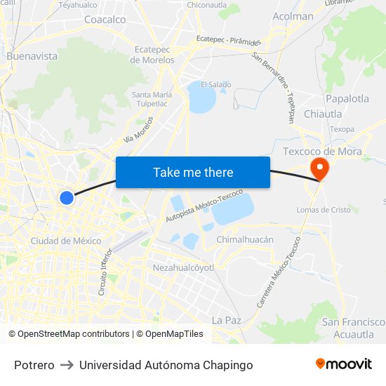 Potrero to Universidad Autónoma Chapingo map