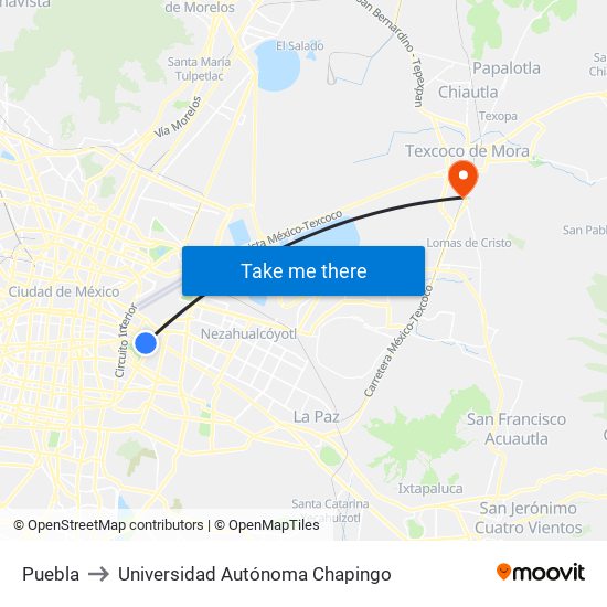Puebla to Universidad Autónoma Chapingo map