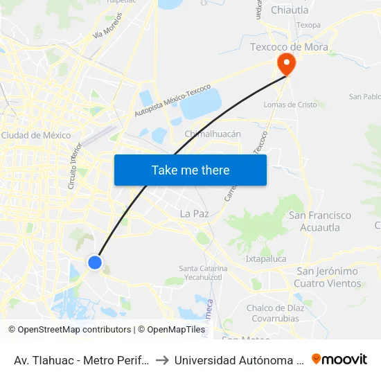 Av. Tlahuac - Metro Periférico Ote. to Universidad Autónoma Chapingo map