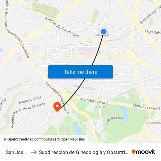 San Joaquín to Subdirección de Ginecología y Obstetricia, INPer map