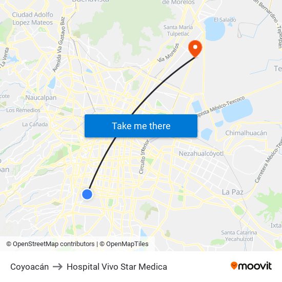 Coyoacán to Hospital Vivo Star Medica map