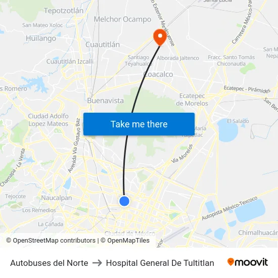 Autobuses del Norte to Hospital General De Tultitlan map