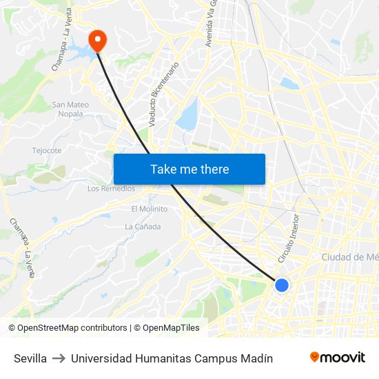 Sevilla to Universidad Humanitas Campus Madín map