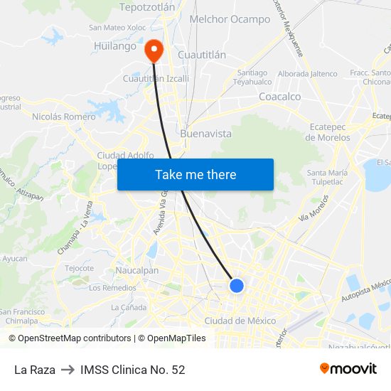 La Raza to IMSS Clinica No. 52 map