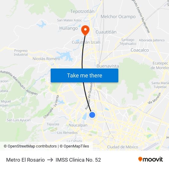 Metro El Rosario to IMSS Clinica No. 52 map