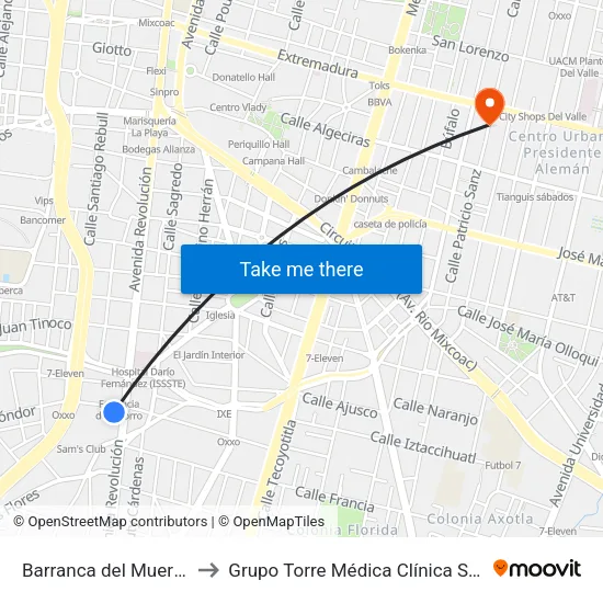 Barranca del Muerto to Grupo Torre Médica Clínica Sur map