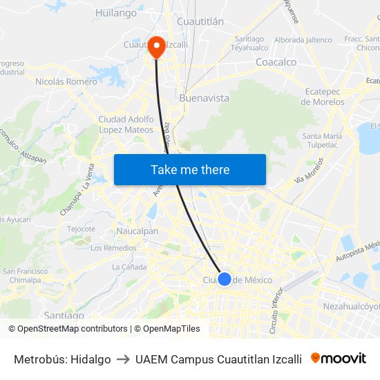 Metrobús: Hidalgo to UAEM Campus Cuautitlan Izcalli map