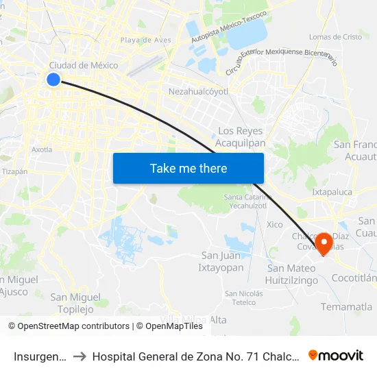 Insurgentes to Hospital General de Zona No. 71 Chalco IMSS map