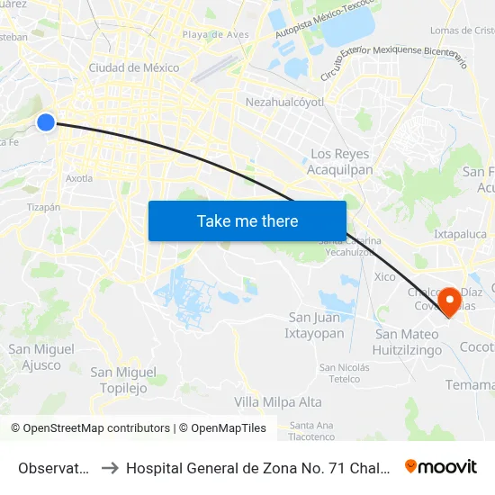 Observatorio to Hospital General de Zona No. 71 Chalco IMSS map