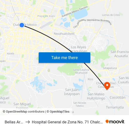Bellas Artes to Hospital General de Zona No. 71 Chalco IMSS map