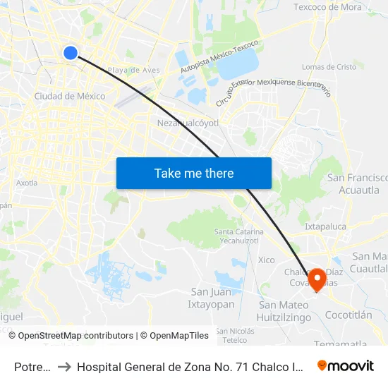 Potrero to Hospital General de Zona No. 71 Chalco IMSS map