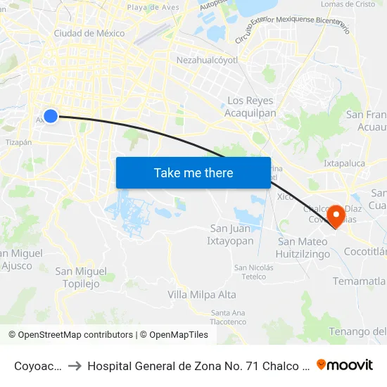 Coyoacán to Hospital General de Zona No. 71 Chalco IMSS map