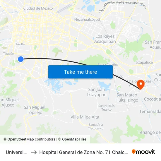 Universidad to Hospital General de Zona No. 71 Chalco IMSS map