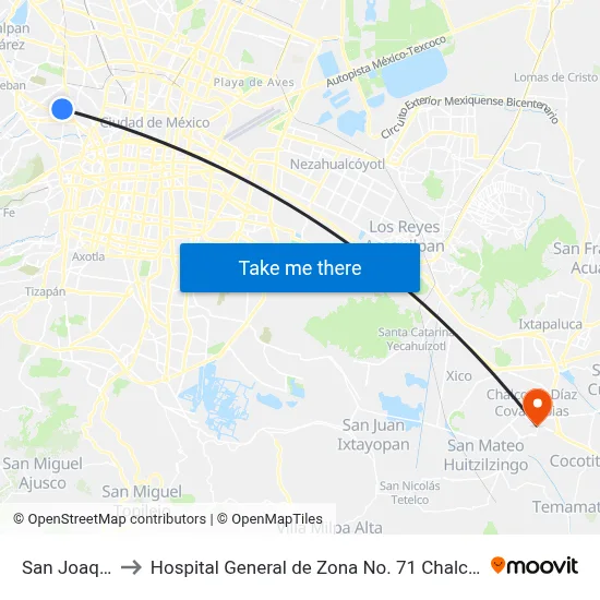 San Joaquín to Hospital General de Zona No. 71 Chalco IMSS map