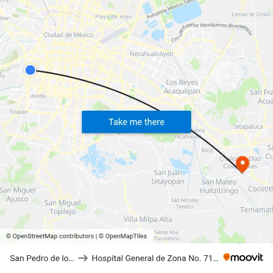 San Pedro de los Pinos to Hospital General de Zona No. 71 Chalco IMSS map
