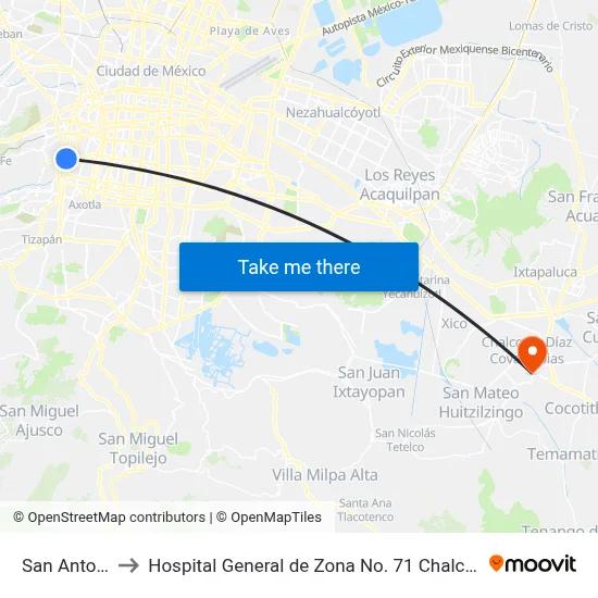 San Antonio to Hospital General de Zona No. 71 Chalco IMSS map