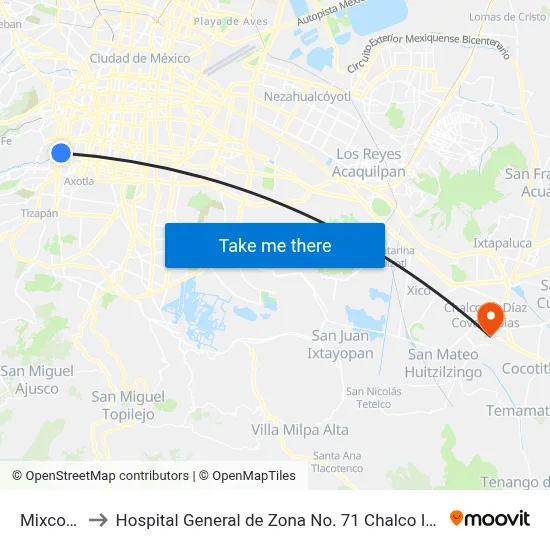 Mixcoac to Hospital General de Zona No. 71 Chalco IMSS map