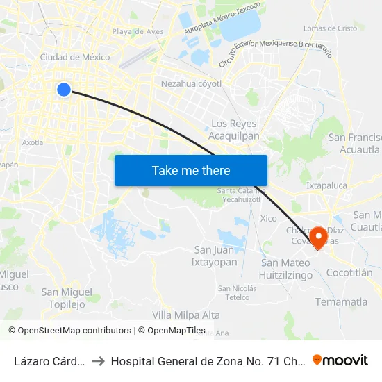 Lázaro Cárdenas to Hospital General de Zona No. 71 Chalco IMSS map