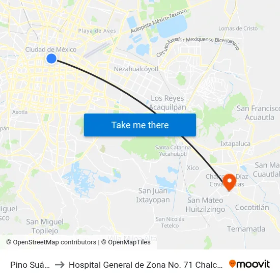 Pino Suárez to Hospital General de Zona No. 71 Chalco IMSS map