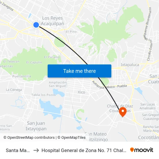 Santa Martha to Hospital General de Zona No. 71 Chalco IMSS map