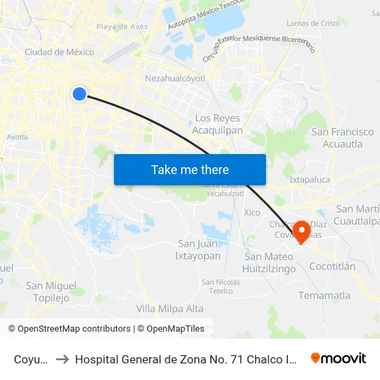 Coyuya to Hospital General de Zona No. 71 Chalco IMSS map