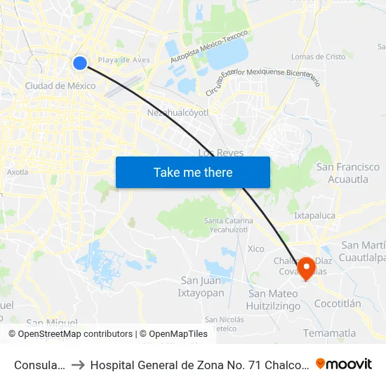 Consulado to Hospital General de Zona No. 71 Chalco IMSS map
