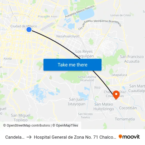 Candelaria to Hospital General de Zona No. 71 Chalco IMSS map