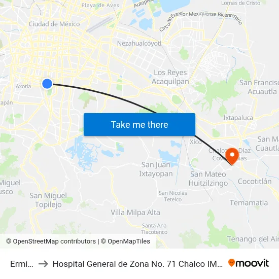 Ermita to Hospital General de Zona No. 71 Chalco IMSS map