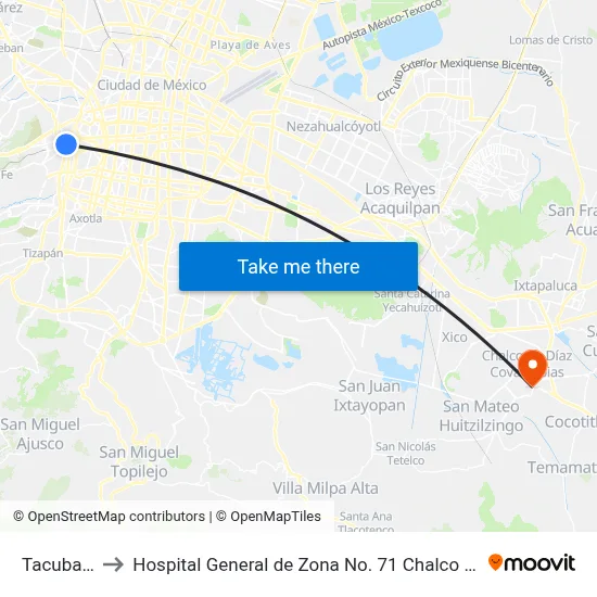 Tacubaya to Hospital General de Zona No. 71 Chalco IMSS map