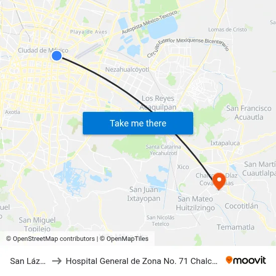 San Lázaro to Hospital General de Zona No. 71 Chalco IMSS map