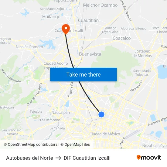 Autobuses del Norte to DIF Cuautitlan Izcalli map