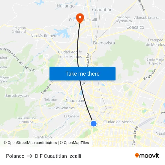 Polanco to DIF Cuautitlan Izcalli map