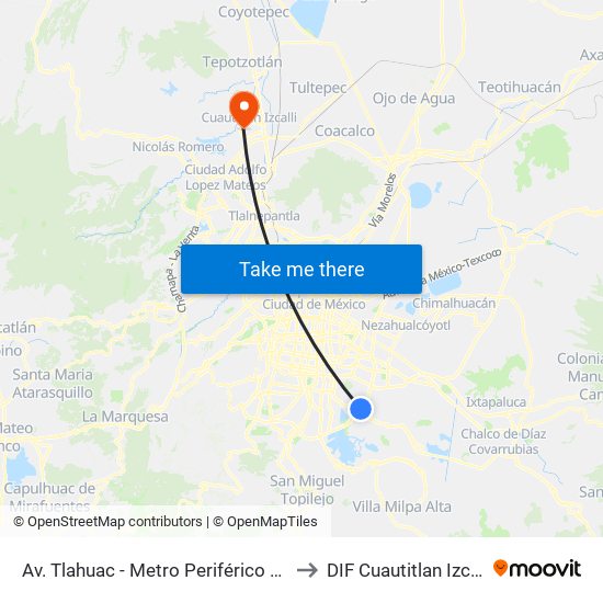 Av. Tlahuac - Metro Periférico Ote. to DIF Cuautitlan Izcalli map