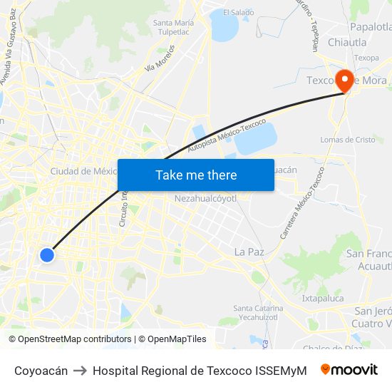 Coyoacán to Hospital Regional de Texcoco ISSEMyM map