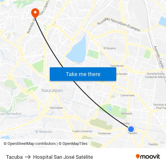 Tacuba to Hospital San José Satélite map