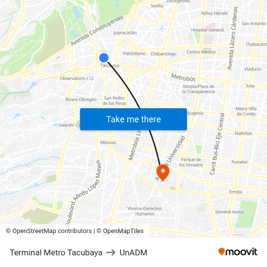 Terminal Metro Tacubaya to UnADM map