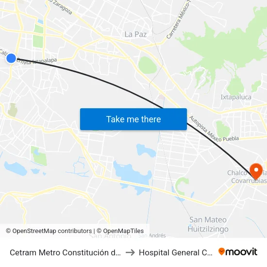 Cetram Metro Constitución de 1917 to Hospital General Chalco map