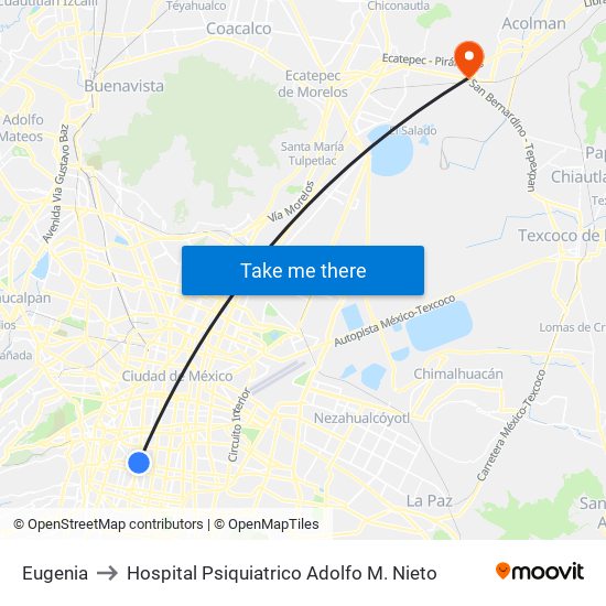 Eugenia to Hospital Psiquiatrico Adolfo M. Nieto map