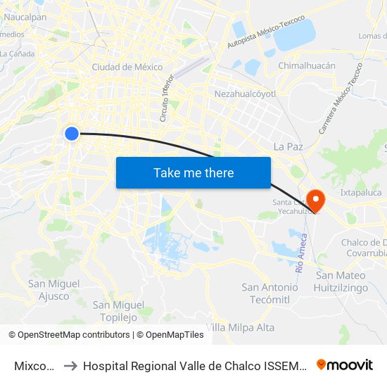 Mixcoac to Hospital Regional Valle de Chalco ISSEMYM map