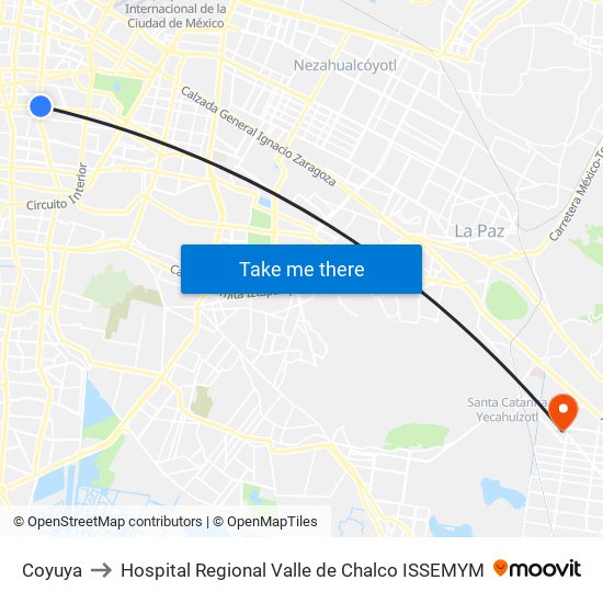 Coyuya to Hospital Regional Valle de Chalco ISSEMYM map