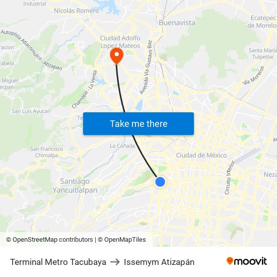 Terminal Metro Tacubaya to Issemym Atizapán map