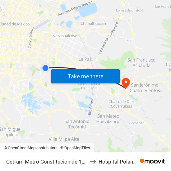 Cetram Metro Constitución de 1917 to Hospital Polanco map